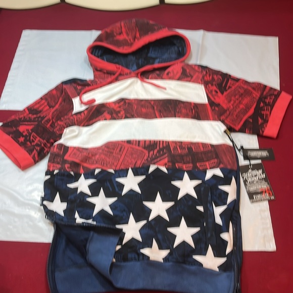 USA flag HOODIE new Denim Distillery American Short Sleeves Red White Blue MENS - Picture 1 of 15